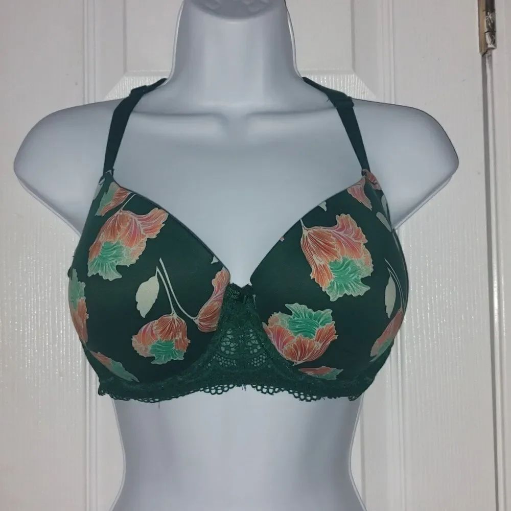 Auden Green Floral Daydream Bra Light Lift Demi Coverage Underwire Sz 36DD